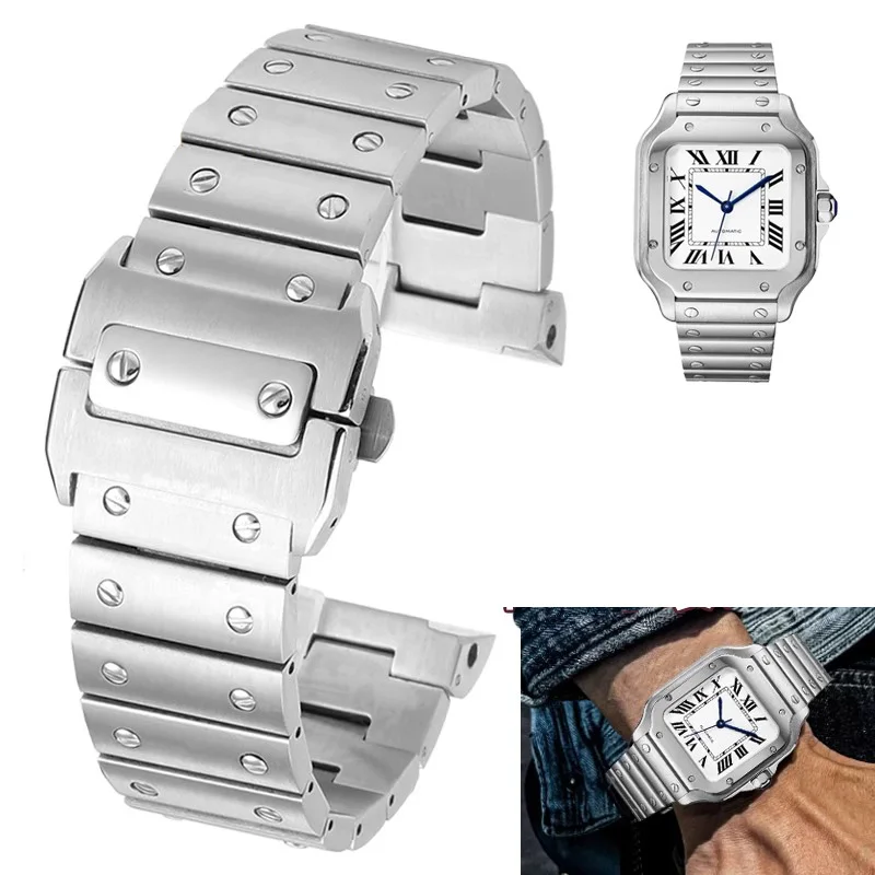 316L Solid Stainless Steel Watch Band For Cartier Santos100 WSSA0009 Fine steel watchband Metal Strap Men Band Bracelet  23mm