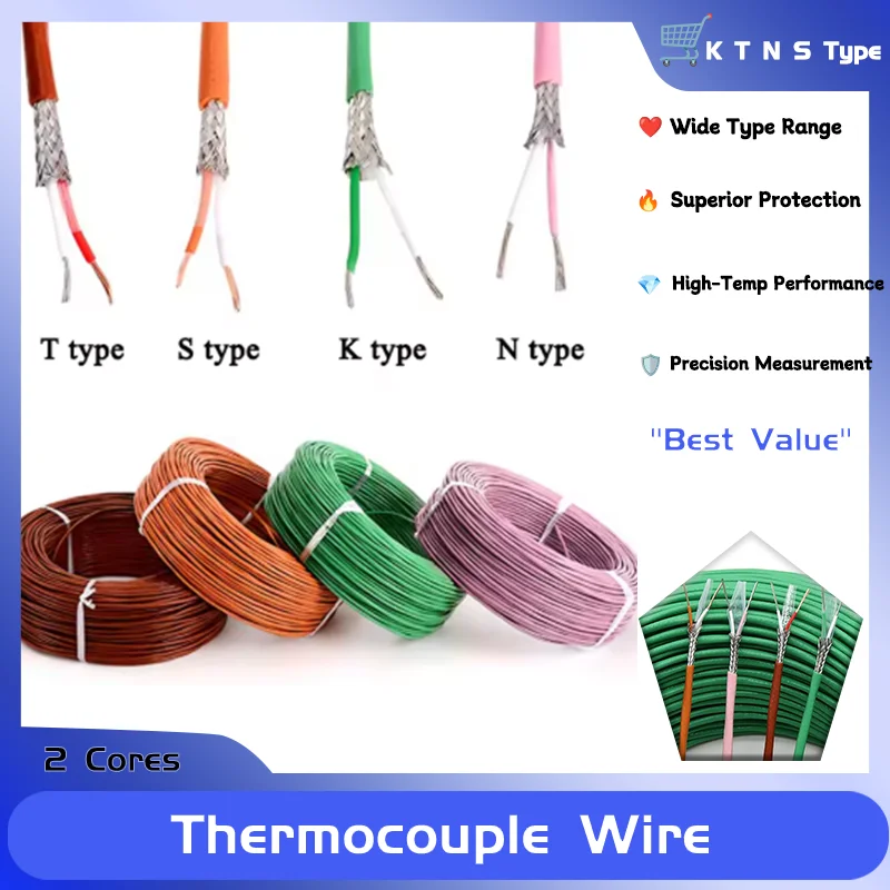 

2 Cores High Temperature Measuring Compensation Cable 1~10 Meters Thermocouple Wire K T N S Type PTFE Insulator Shielded Line