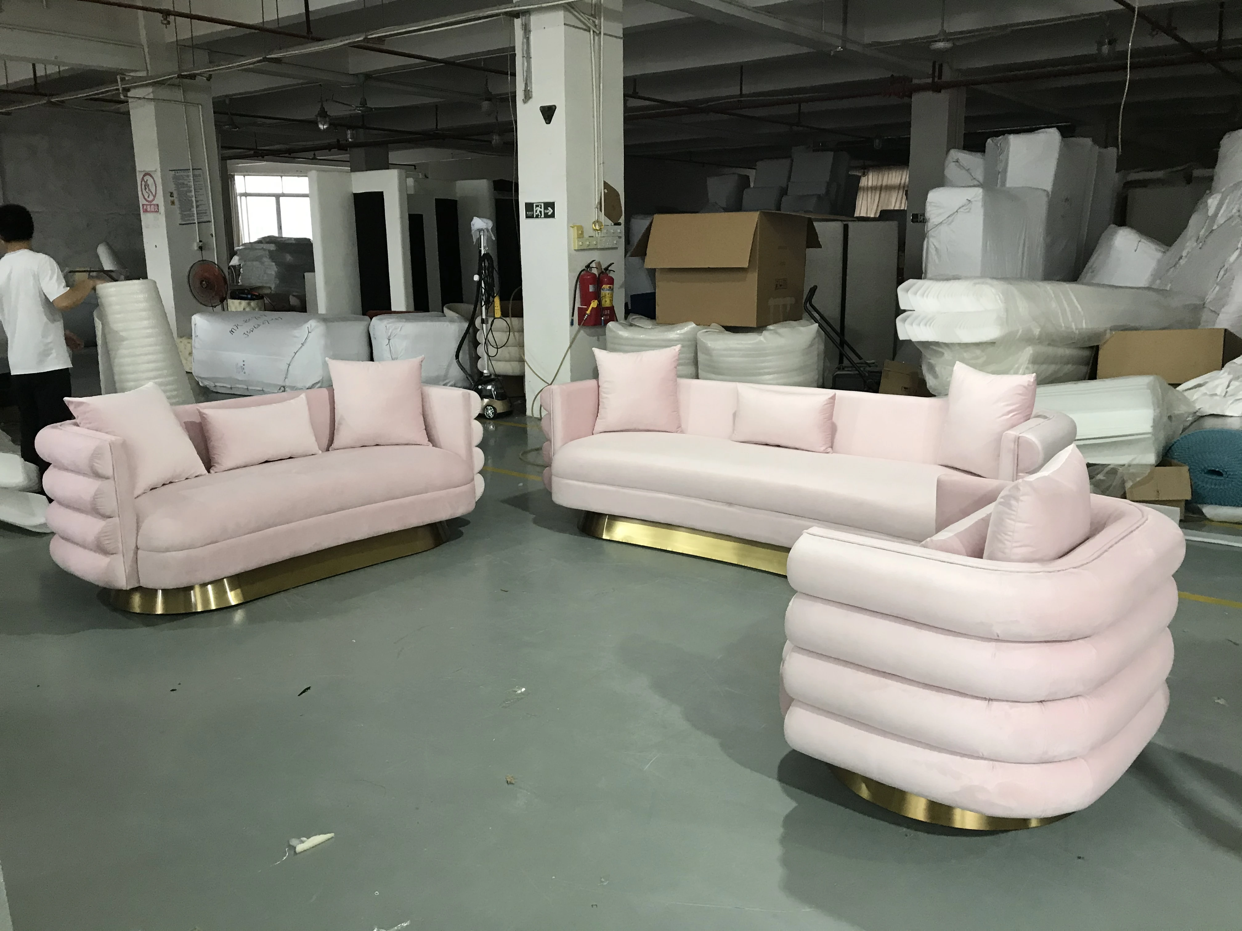 Newest Stainless Steel Lounge Chair Loveseat Light Luxury Pink Velvet Couch Corner Home Hotel Living Room Sofa Set Wholesales