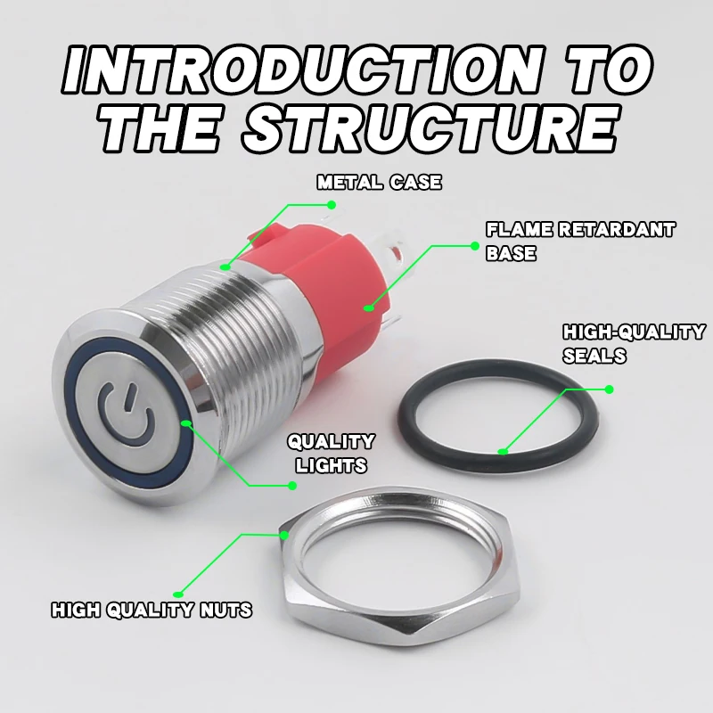 10A Current Metal Push Button Switch 16MM Latching Momentary 1NO 4pin Flat/High Head With LED Power Switch