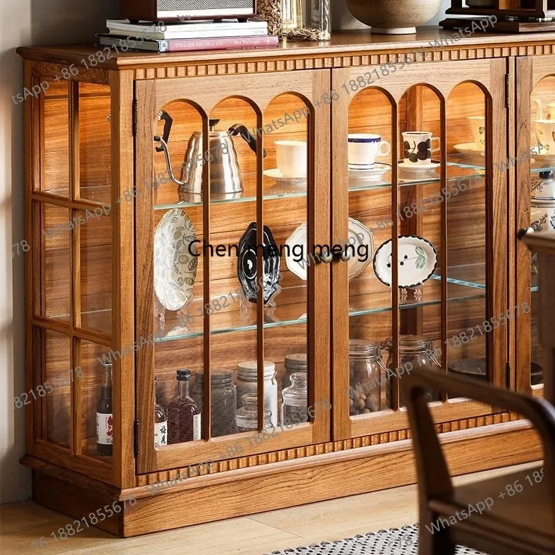 Medieval side cabinet all solid wood glass wine cabinet teak tea set storage display cabinet
