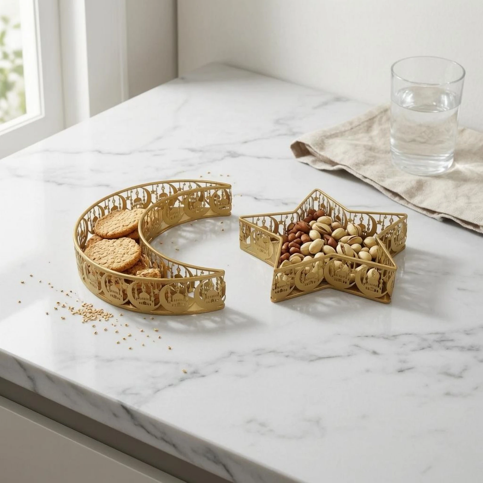 2 Pieces Perforated Metal Tray Set Hollow-Sided Crescent Moon Tray Crescent Moon Platter Decorative Tableware Reusable