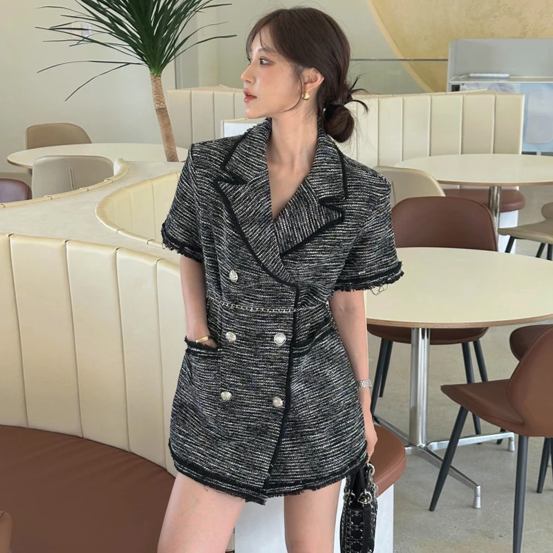 

Chic Double-Breasted ort-Sve Dr Women's Spring New Coarse Tweed Turn-down Collar Dr Korean Sle Regular Fit Dr