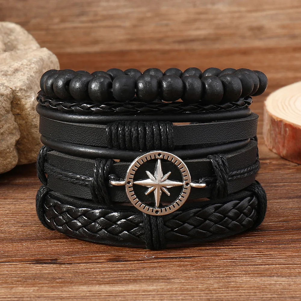 

Vintage Style 4pcs Woven Leather Bracelets For Men Black Compass Wooden Bead Lace-Up Braided Men’s Bracelet Set