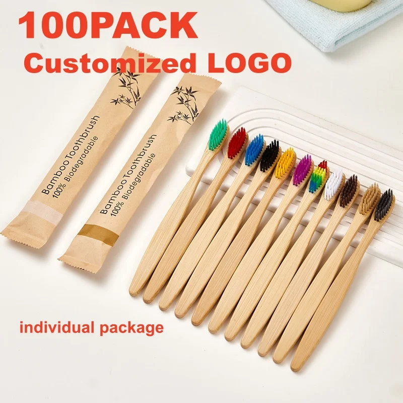 

100Pack Bamboo Toothbrushes for Adults Soft Bristle Manual Toothbrush Compostable Wooden Travel Tooth Brush Customized your LOGO