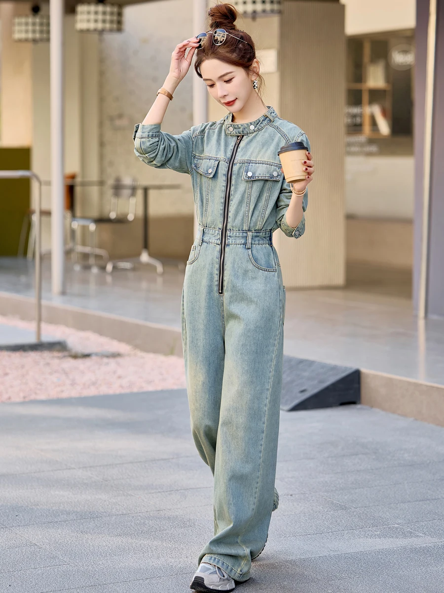 

Женский джинсовый комбинезон с высокой талией и широкими штанинами, повседневный модный рабочий костюм, осенний сезон, легкие джинсы