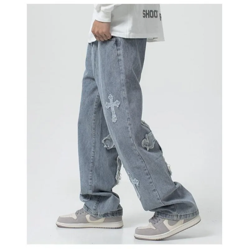 High Street Men Trousers Cross Patch Jeans Hip-hop Handsome Explosive Street Straight Tube Loose Wide Leg Motorcycle Pants