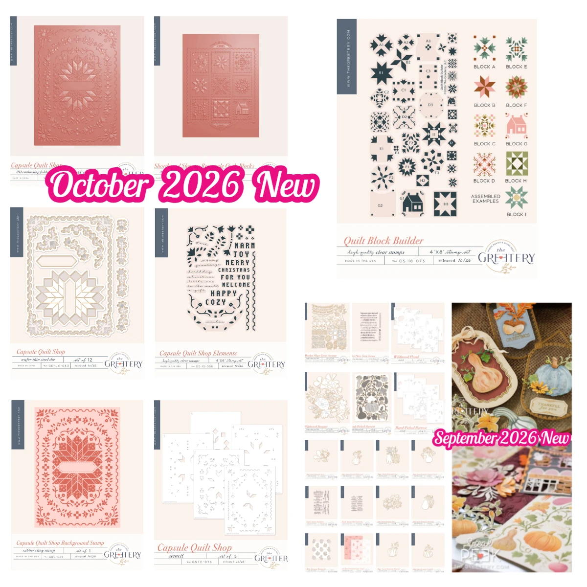 Oktober 2026 Neue Greetery Kapsel-Quilt-Shop Quilt-Block-Baukasten Kürbis-Mais-Mumien-Stanzformen Stempel Schablonen für DIY Scrapbook Tagebuch