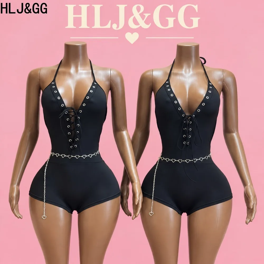 HLJ&GG Sexy Women Halter Neck Short Romper Deep V Lace Up Design Bodycon Jumpsuit Sleeveless Slim Club Party Streetwear Outfit