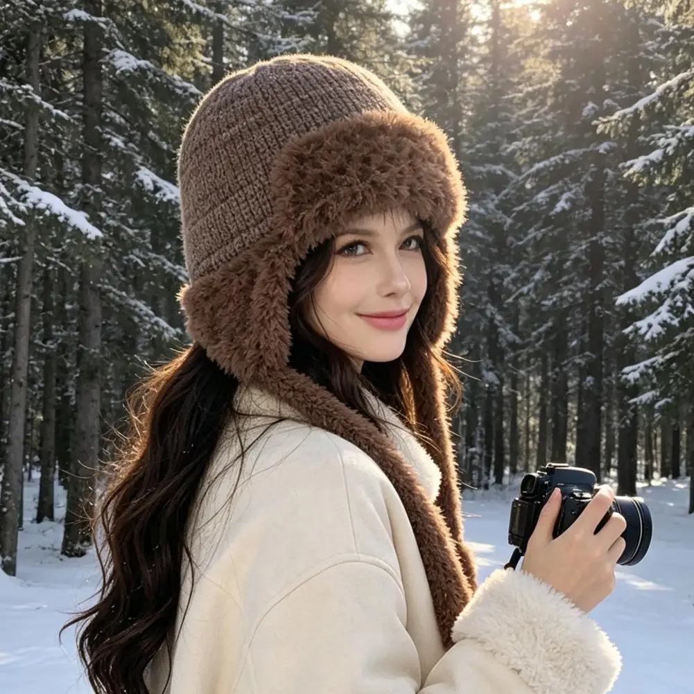 Thermal Wool Blend Hats Women’s Wool Blend Trapper Hat with Ear Flaps Fuzzy Trim Winter Knit Cap Warm Weather Skiing for Women