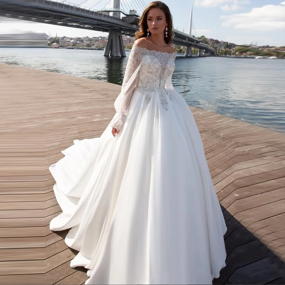 

Off The Shoulder A-Line Women Wedding Dresses Elegant V-Neck Long Sleeves Bride Gowns Mopping Length Vestido De Novia Customized