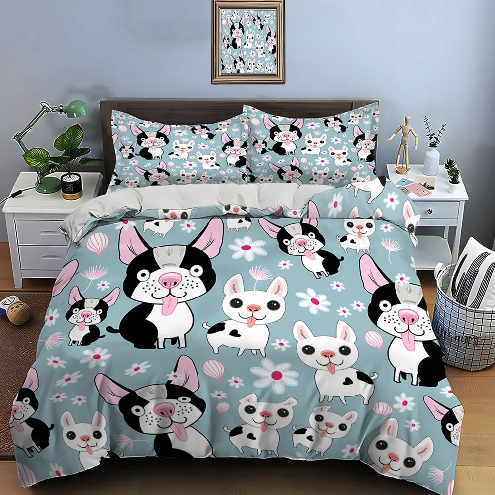Cute dogs with floral patterns Bedding Set for Kids Luxury Gift 3pcs Digital Print Comforter Set Soft Comfortable Breathable