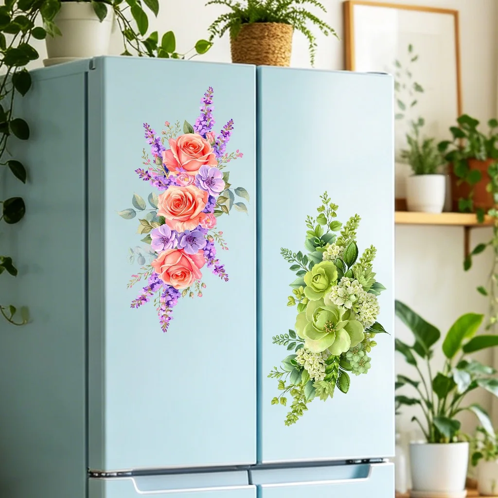 New Pink and Green Rose Refrigerator Sticker Self-Adhesive Removable Home Appliances Cabinet Decals Wall Sticker Home Art Decor