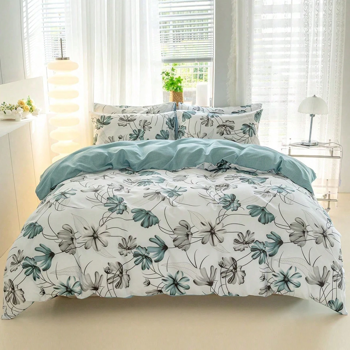Aesthetic Floral Duvet Cover - 3-delige elegante teal grijze aquarel bloemen