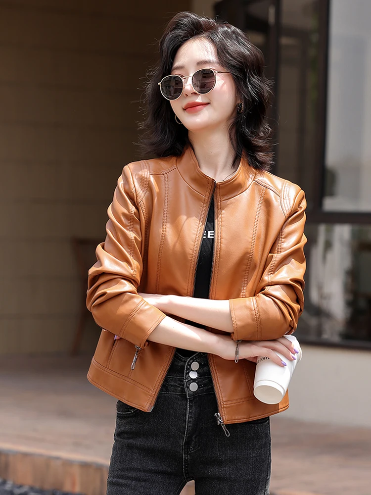   Ning 本物の羊革レザージャケット女性用ショートスリーブ春新作韓国版スリムフィットスタンドカラーコート