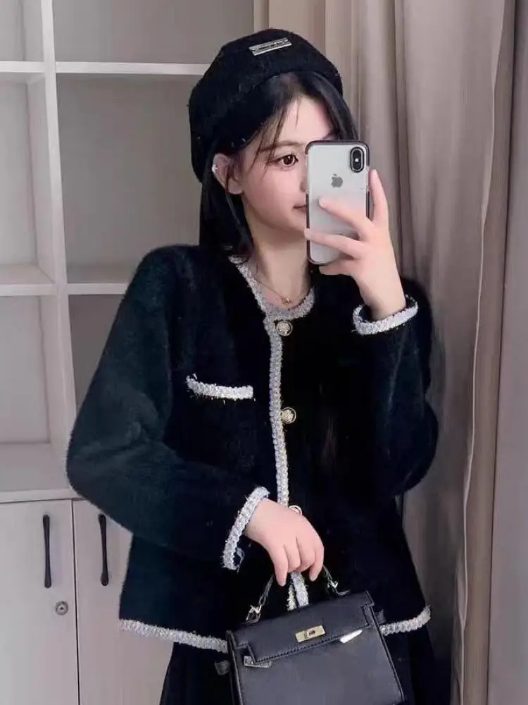 

Autumn Winter Black Patchwork Temperament Long Sleeve Mink Sweater Women Fashion Single Breasted Short Knitting Tops New Popular