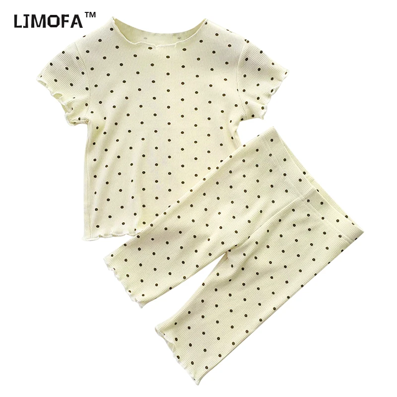 

LJMOFA 1-6 Years Toddler Baby Kids Home Wear Summer Polka Dot Sleepwear Suit Girl Pyjamas Set Short Sleeve Tops+Pants 2Pcs D404