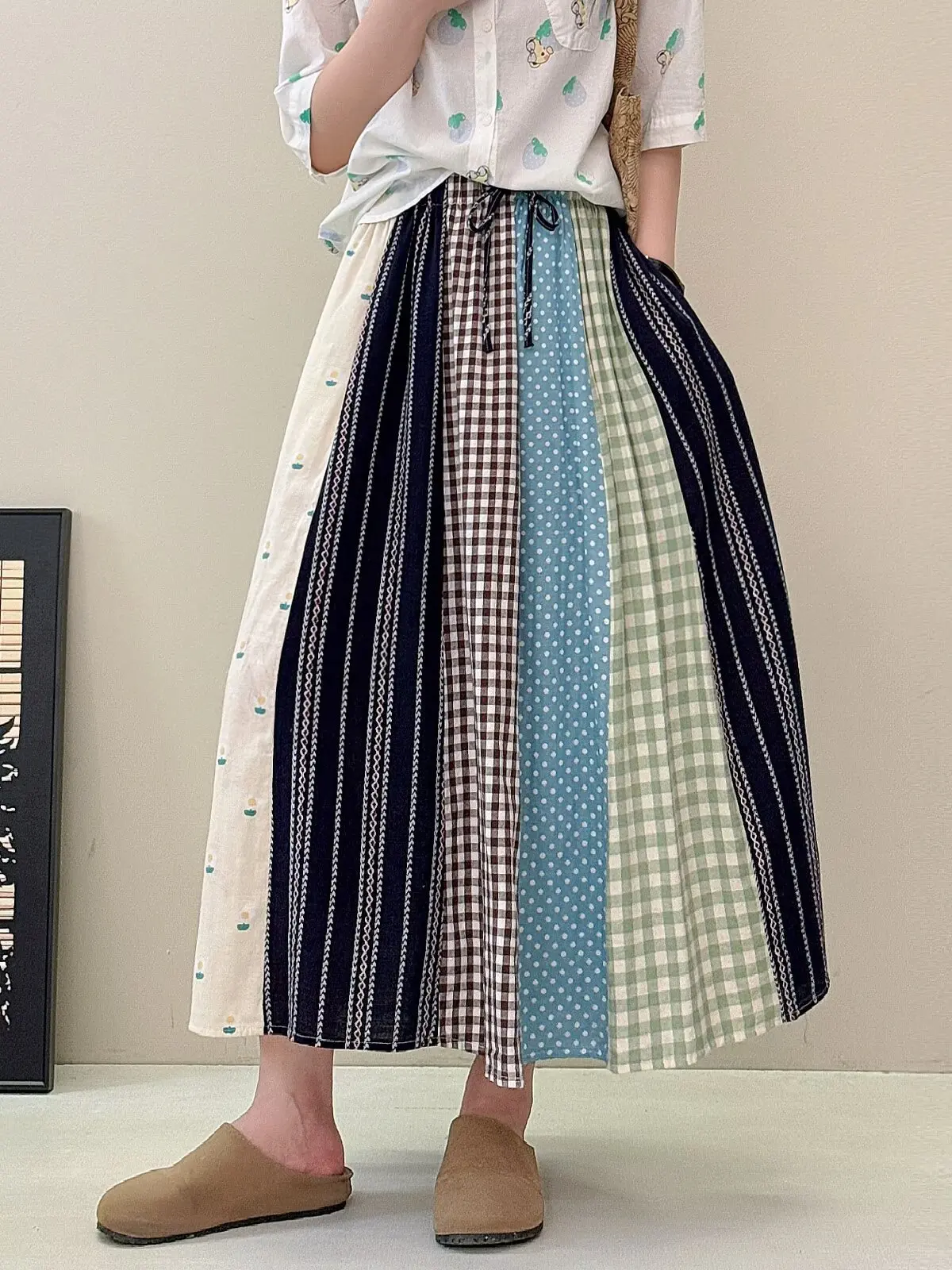 Japanese Sweet Mori Girl Vintage Floral Print Plaid Patchwork Cotton Skirts Women Summer Elastic Waist Casual Loose A-Line Skirt