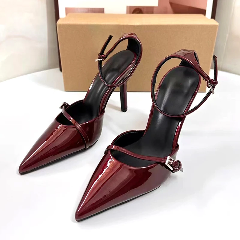 TRAF Dark Red Ankle Metal Buckle Pumps Women Point Head Patent Leather Stilettos Summer Sexy Thin High Heels Sandals For Woman ﻿