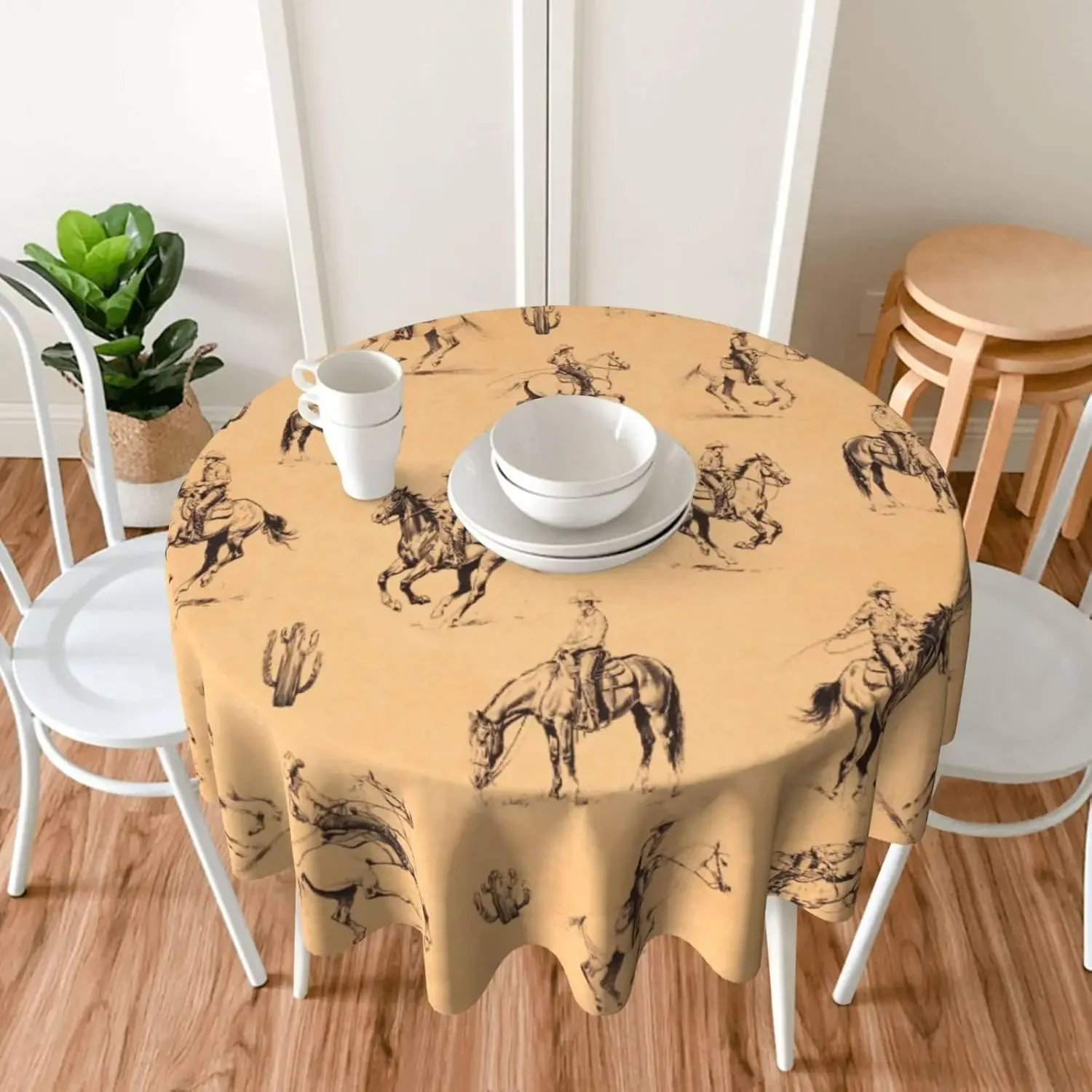Western Wild Rodeo Cowboy Circle Tablecloth - Vintage Desert Cactus Horse Riding Party Diner Cover