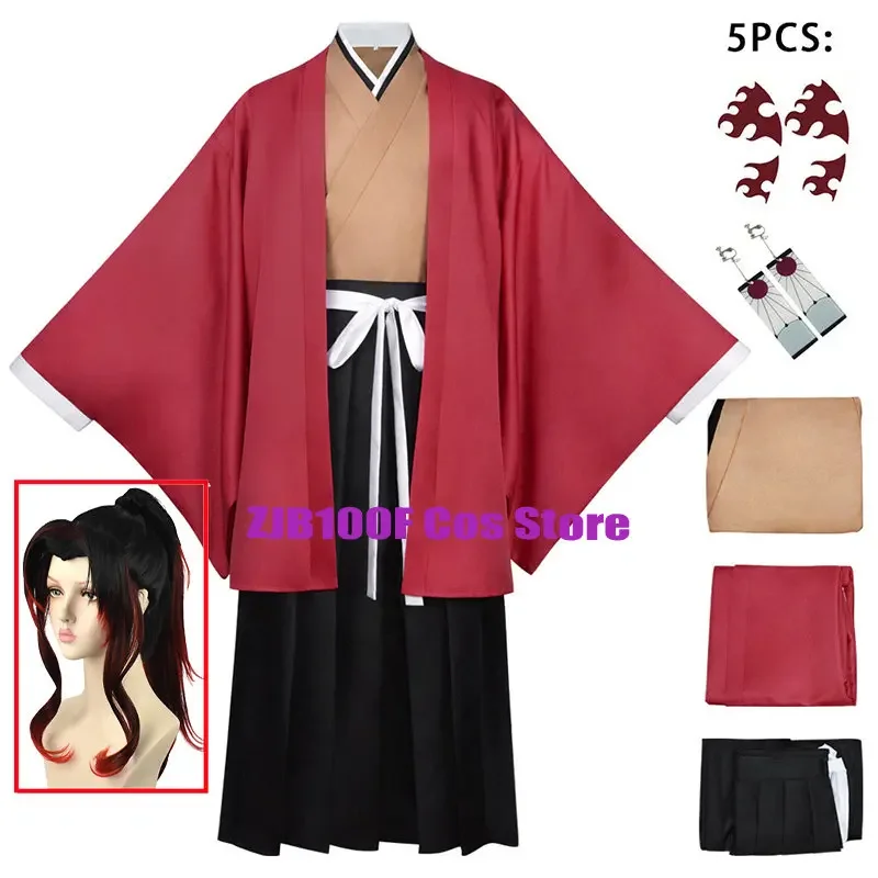 Anime Tsugikuni Yoriichi Cosplay Kimono Uniform Oorbellen Pruik Pak Halloween Party Outfit Voor Dames Heren