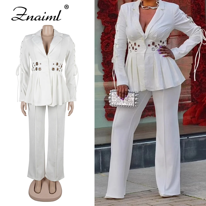 

Znaiml White Long Sleeve Blazer Top And Wide Leg Pants Set for Women Casual Office Lady Outfit Two-Piece Set Autumn Workwear