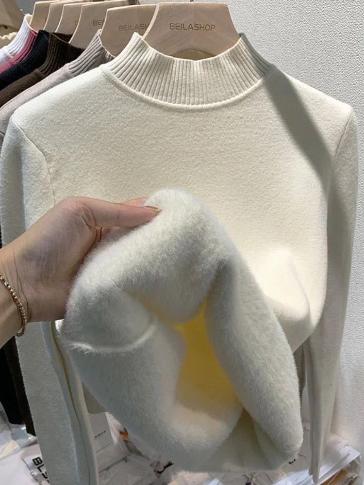 Women's Sweater Plush Thickened Warm Knitted Top Half High Neck Integrated Plush Sweater Korean Fashion Autumn Winter Pullover