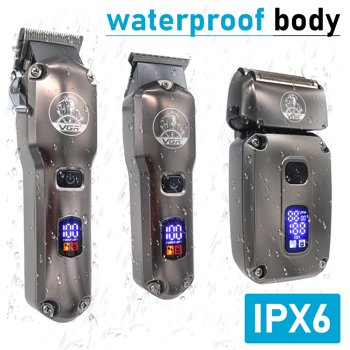 VGR V-675 S3 Профессиональная машинка для стрижки волос для мужчин 8000 об/мин IPX6 Водонепроницаемый ЖК-дисплей Малошумная машинка для стрижки волос Триммер