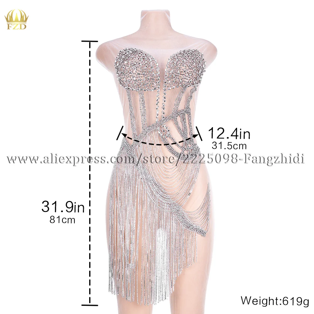 

FZD 1 PCS New Rhinestone Beaded Applique Panel Dress Luxury Sexy Dress Women Night Club Sliver Color Birthday Dress for Women