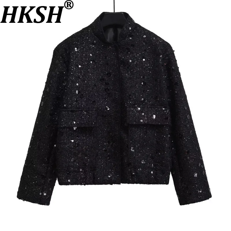 

HKSH Autumn New Women Jacket Stand Collar Pockets Heavy Craft Sequins Tide Chic Versatile High Street Korean Casual Coat HK11640