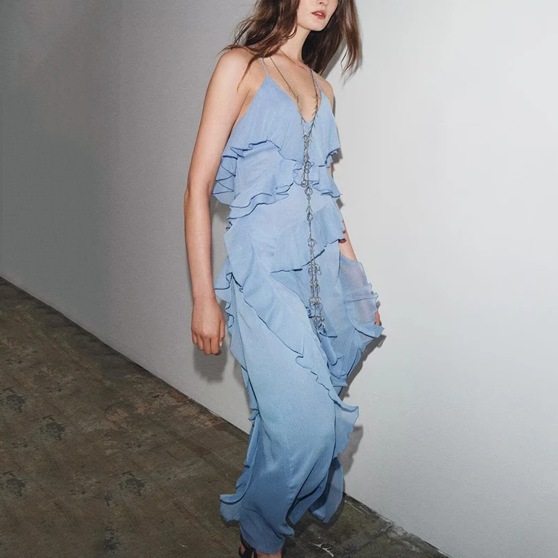 Vestido f e de verão 2025, casual, com camadas decorativas, cintura alta, sem mangas, longo, decote em V, fibra...