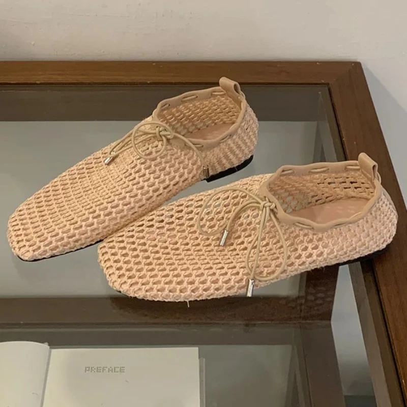 

Women Breathable Hollow Mesh Flat Shoes Square Toe Lace Up Comfortable Footwear Trendy Summer Casual Sneakers for Outdoor