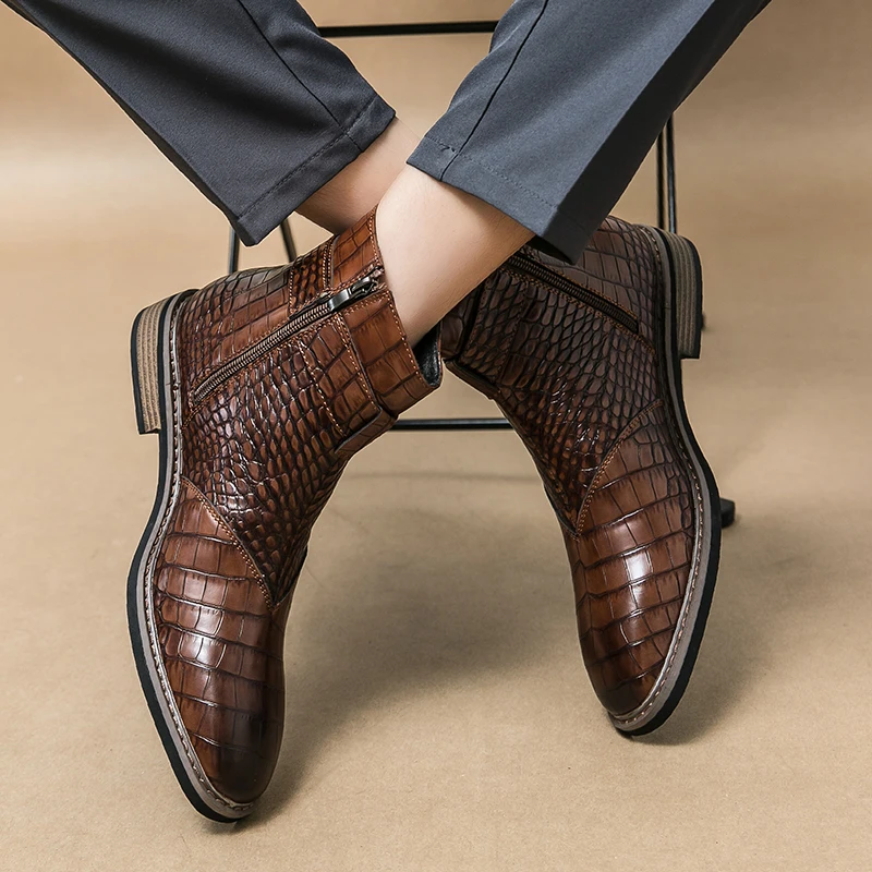 Brand Fashion Men's Side Zipper Snake Leather Pattern High Top Short Boots High Quality Pointed Comfortable Banquet Men's Boots