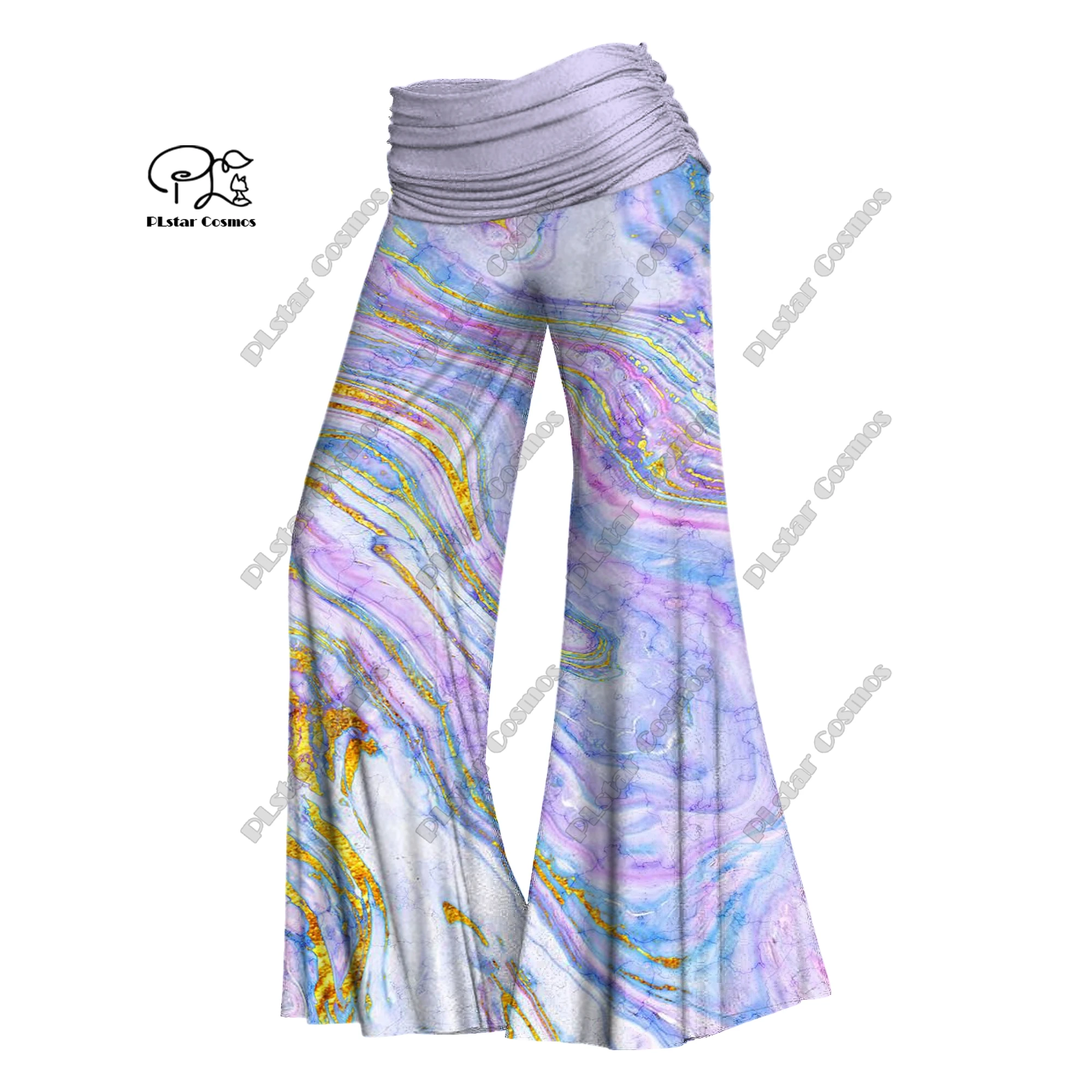 

3D printing women's colorful quicksand scenery high waist folding elastic waist wide leg pants casual gradient series J-5