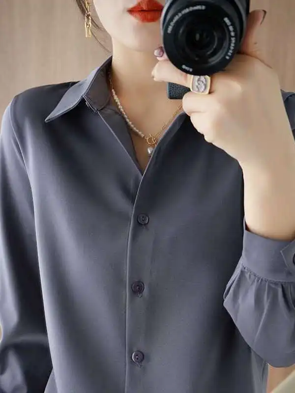 

Spring New Style Women's Silk Satin Shirt Long Sleeve Neck Commute Style Thin Fabric Non-deformable Ladies' Shirt