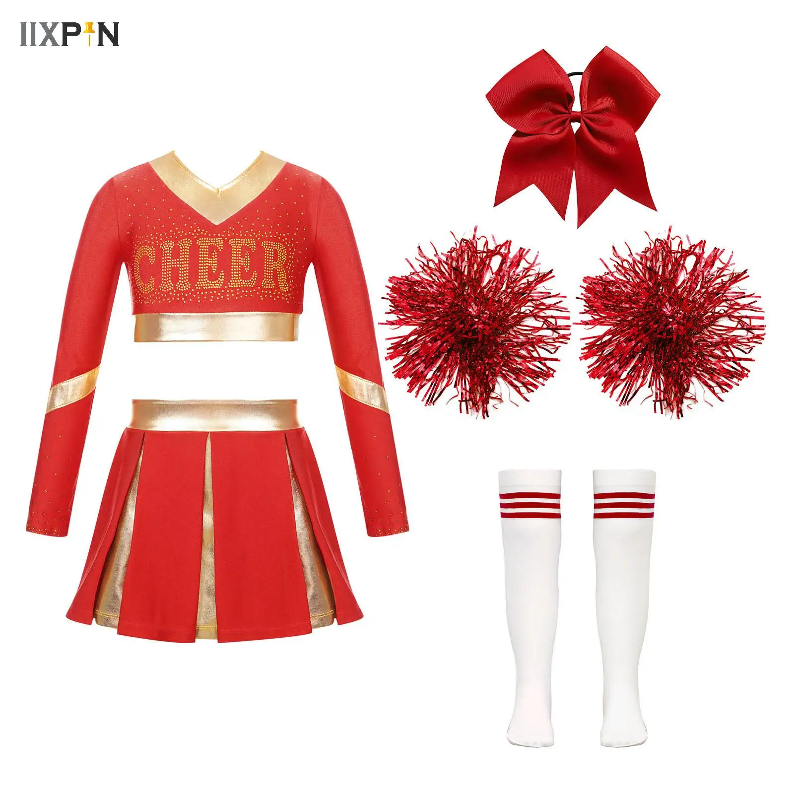 Girls Cheerleader Costume Dance Sets Halloween Cheerleading Dress with Pom Poms Bow Hair Clip Socks Halloween Party Dress Up