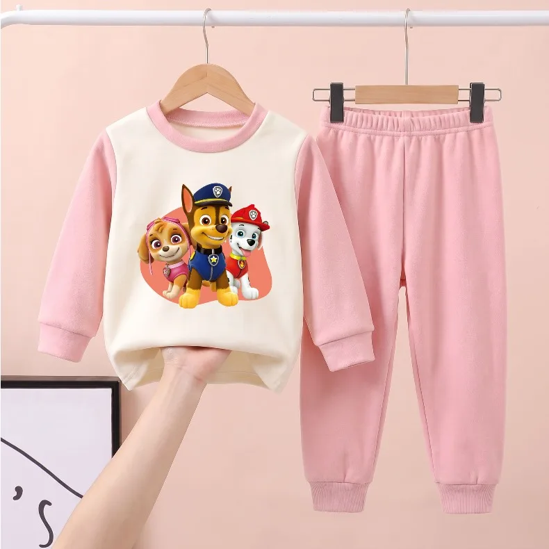 Herbst-Winter Jungen- und Mädchen-Freizeitkleidungssets für Zuhause, Kinder-Fleece-Schlafanzüge mit weichem Boden, warme Langarm-Pyjamas für Kinder – Detail 5