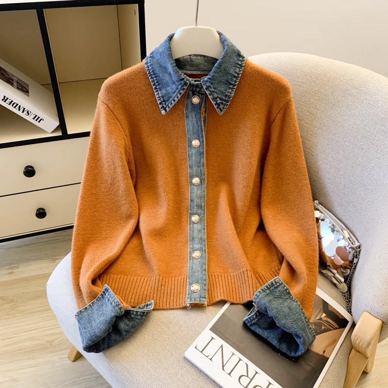 

Thiened Denim Ne сращивание вязаный свитер женский открытый кардиган верхняя одежда осень-зима дизайн топ на пуговицах