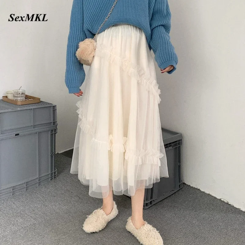 Fashion Mesh Skirts Pleated Skirt A Line High Waist Bohemia Skirts Womens 2024 Casual Summer Harajuku Long Black Skirt Women