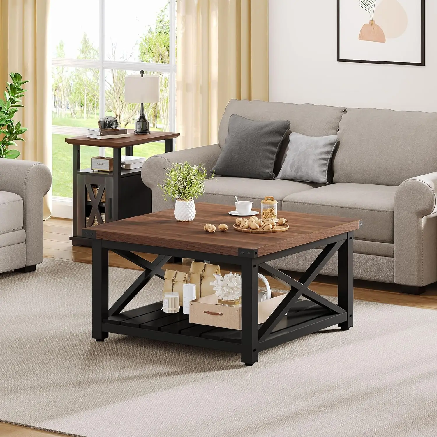 Square Coffee Table for Living Room, Vintage Living Room Table with Shelf, Coffee Table with Storage