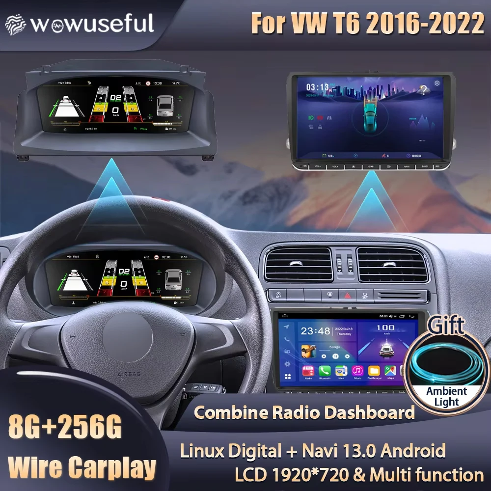 Wowuseful Digitale Armaturenbrett-Cluster für VW T6 16–22 Caravelle Multivan Transport Android Navigation Radio Player Panel Cockpit