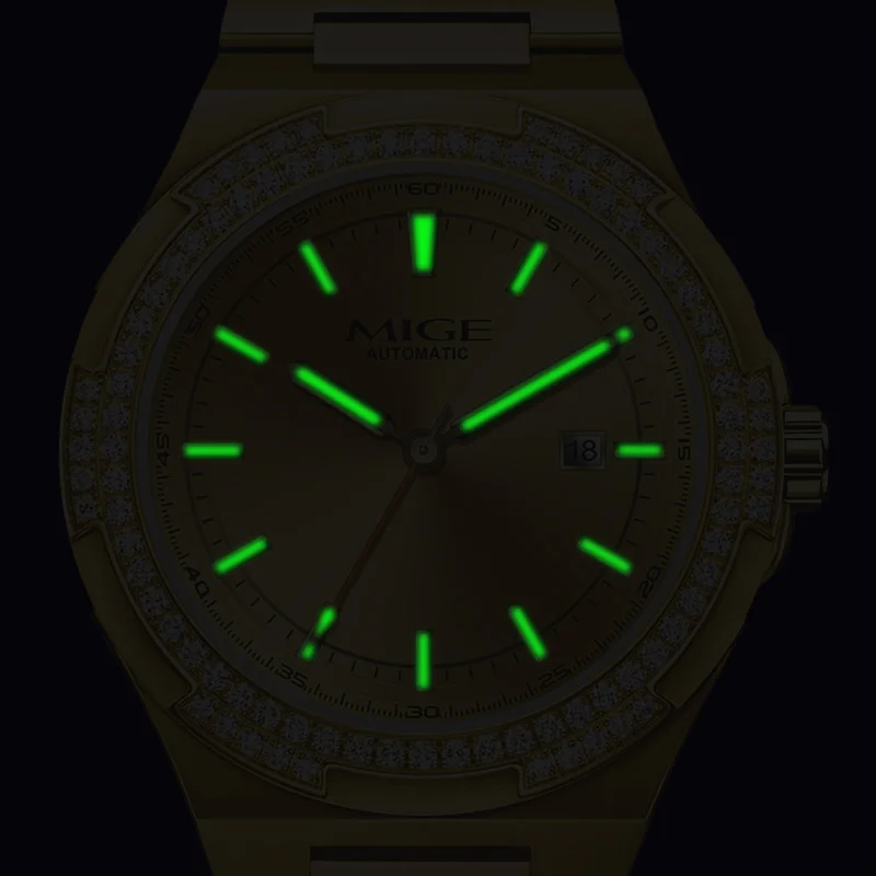 MIGE Herrenuhren, mechanische Automatikuhr, wasserdicht, Top-Marke, Diamant, luxuriös, leuchtender Kalender, Armbanduhr aus Edelstahl