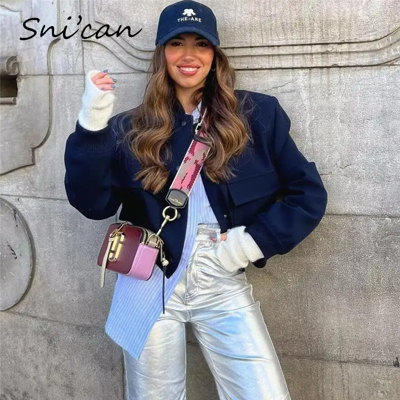 

Solid Navy Women Jacket Fashion Spring Large Pockets Crop Tops Oversize Casual Office Ladies Outwear abrigos mujer Mujer New