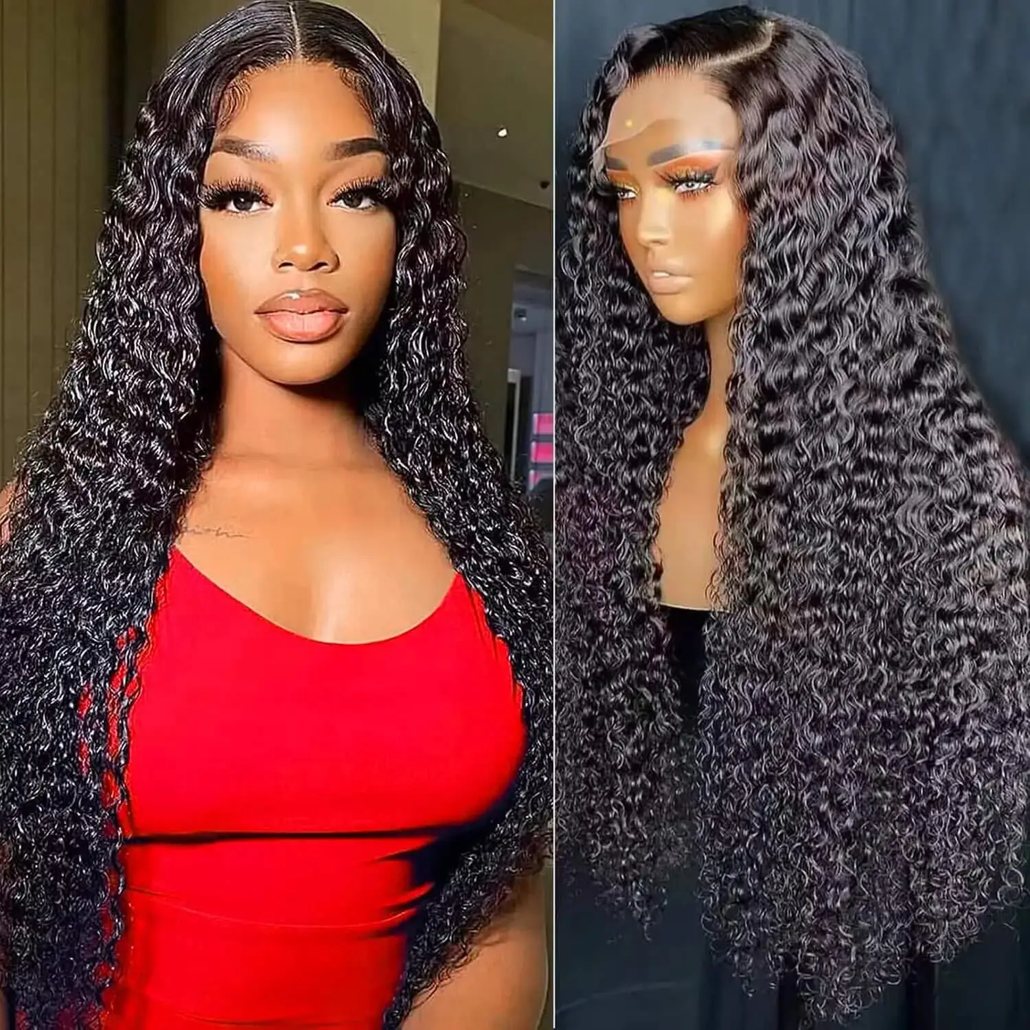 Perruque Lace Front Wig frisée brésilienne naturelle, cheveux humains, Deep Water Wave, 13x6 HD, pre-plucked, densité 180%, pour femmes africaines