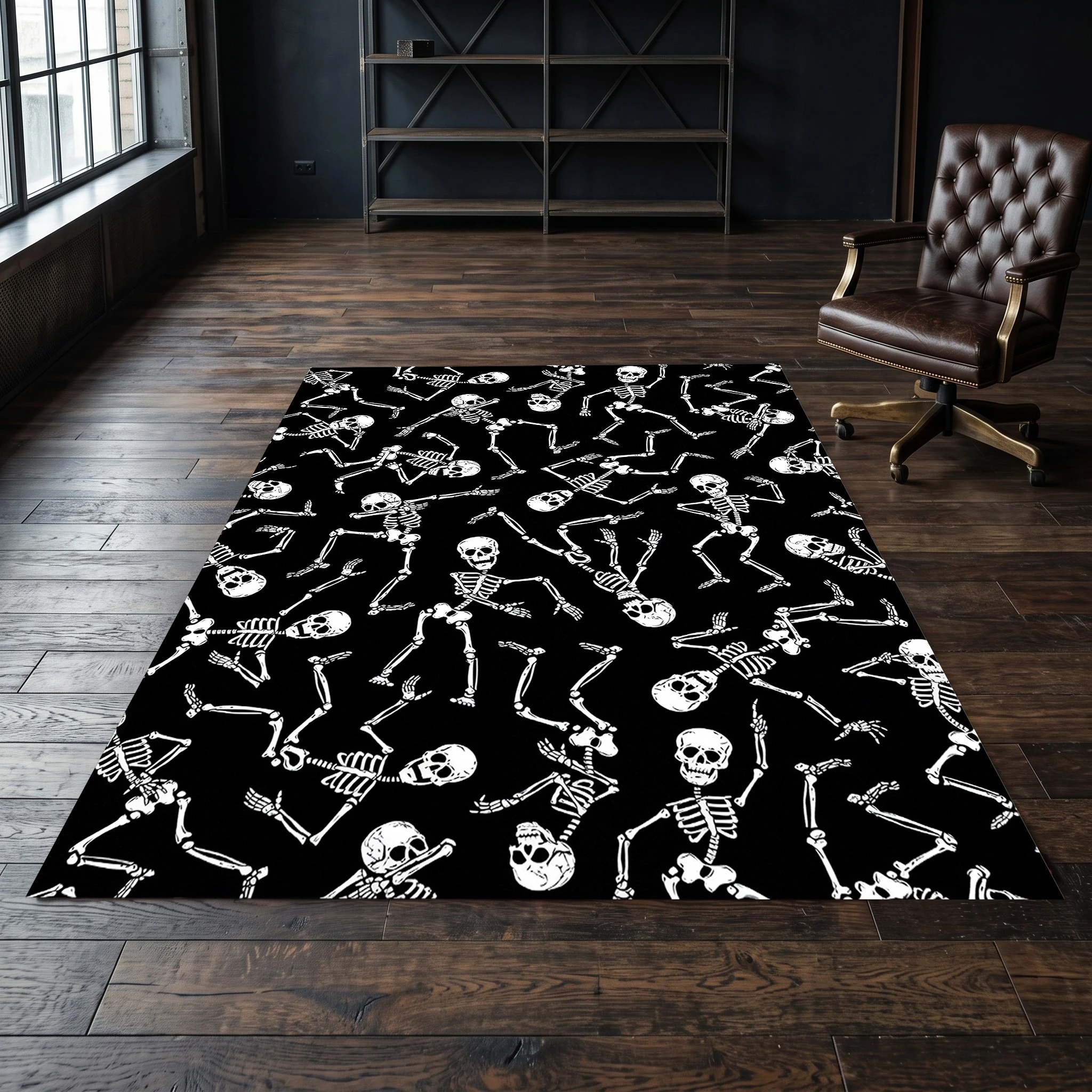 Dancing Skull All over Print 2D Area Rug in Dark Quirky Style for Living Room and Entryway, Halloween Party Decor