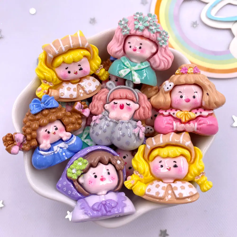10PCS Kawaii Resin Colorful 3D Cartoon Flower Bow Girl Flat back Stone Figurines Scrapbook DIY Keychain Decor Accessories Crafts