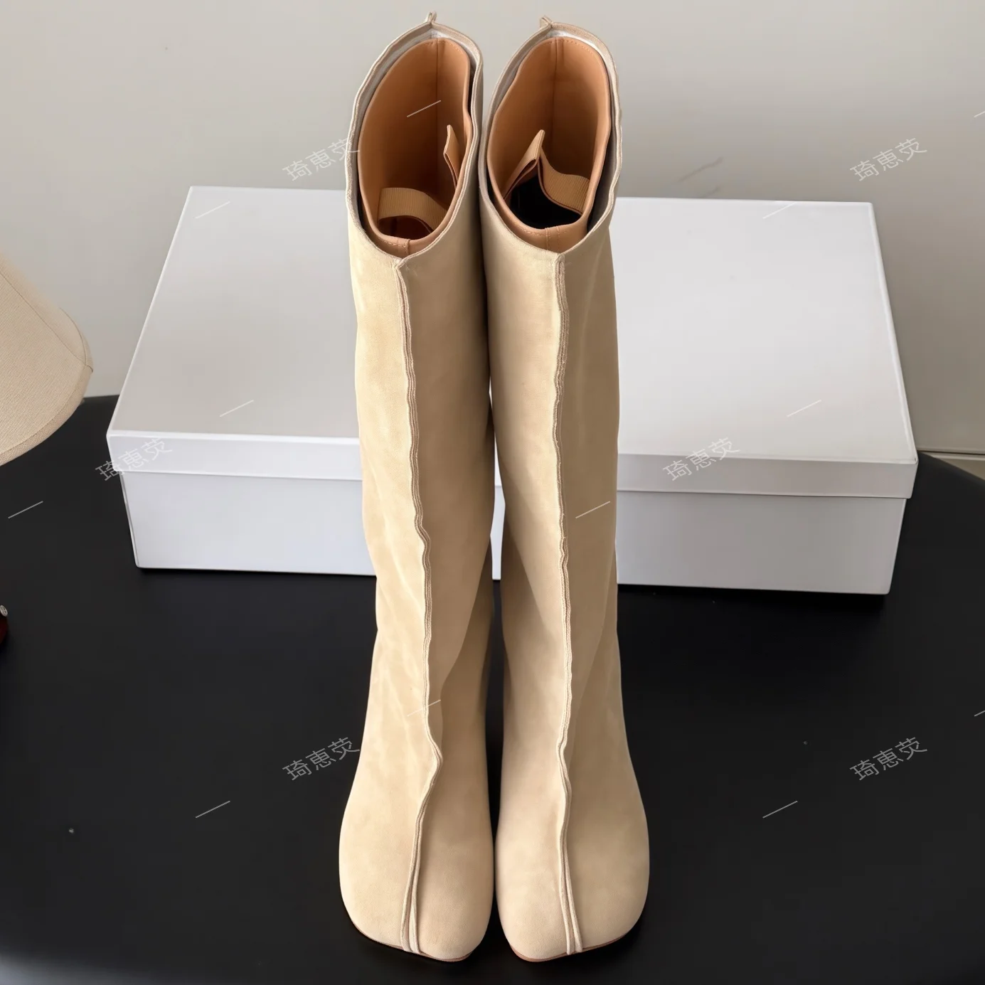 Genuine Leather Niche Design Slim-Fit Breathable Figure-Flattering Stacked Heel Horseshoe Toe Split-Toe Riding Boots Botas Mujer