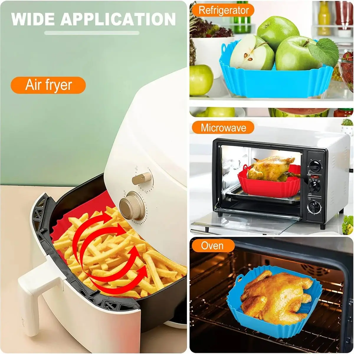 Forros de Silicone para Fritadeira de Ar, Utensílios de Cozinha, Bandeja de Cozimento Reutilizável, Forma Antiaderente para Pizza, Tapete de Silicone 