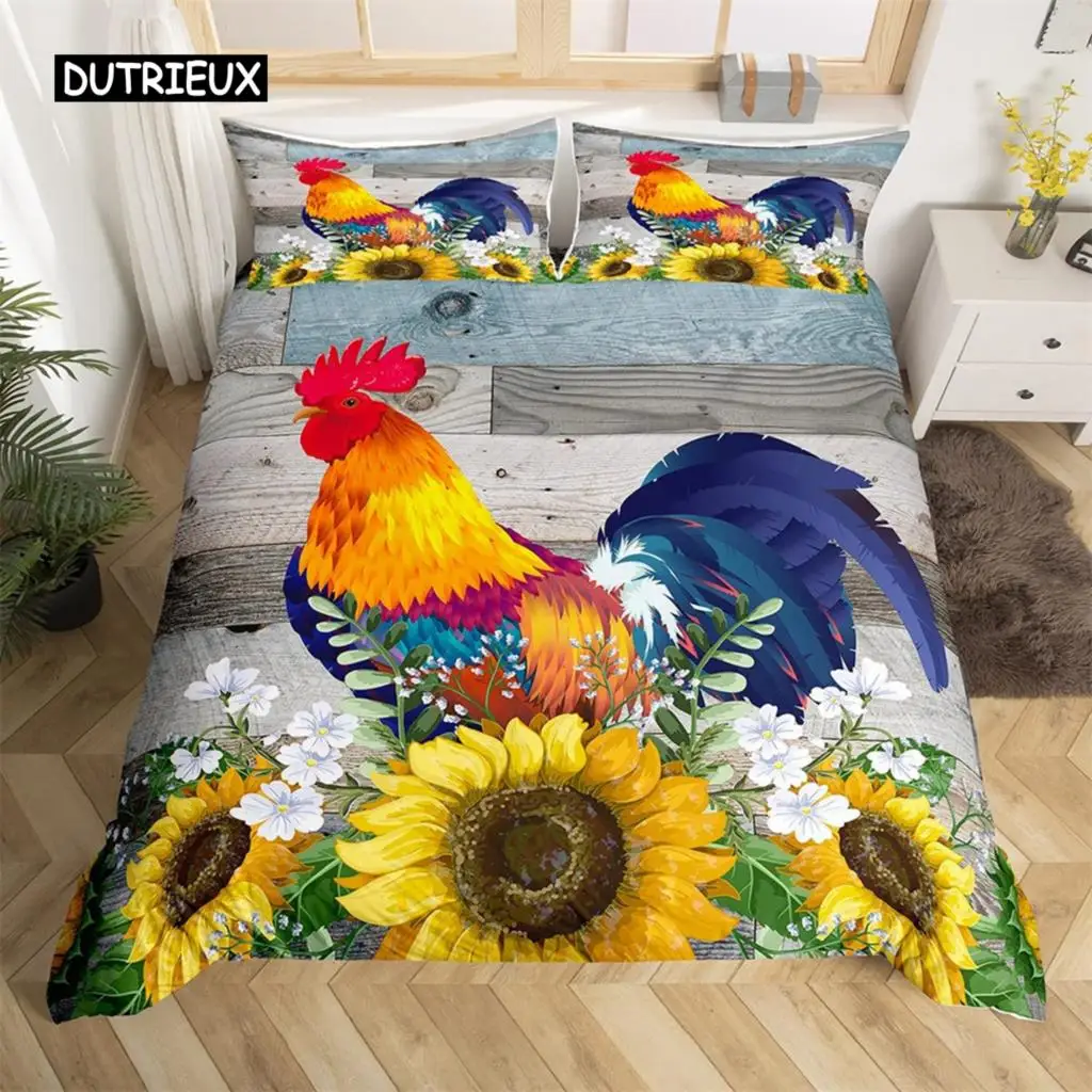 

Duvet Cover Pastoral Scenery Animal Chicken Twin Country Sunflower Rooster Comforter Cover Microfiber Rustic Barn Bedding Set