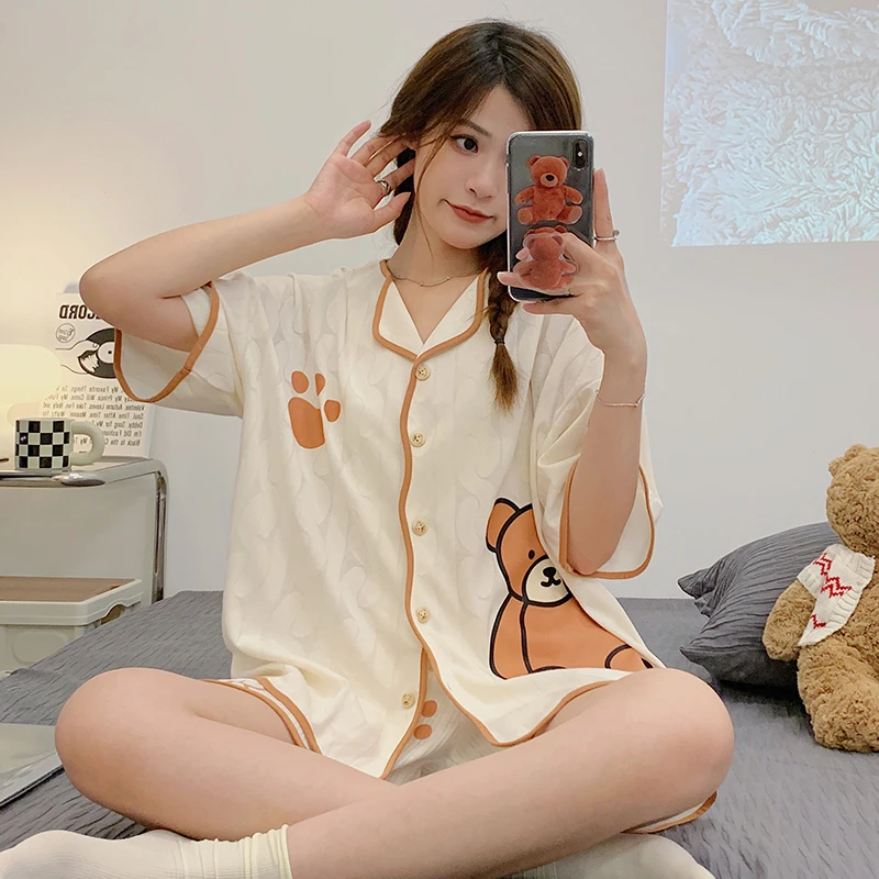 Cotton Pajama Set Women Summer Sleepwear Shorts Cute Pijama Sweet Girls Homewear Short Pants Cartoon Home Clothes Soft Pyjama